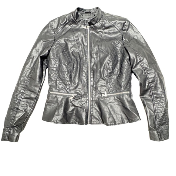 jacket leather BACCINI S black soft zip front zip pockets peplum hem vintage - Picture 6 of 15